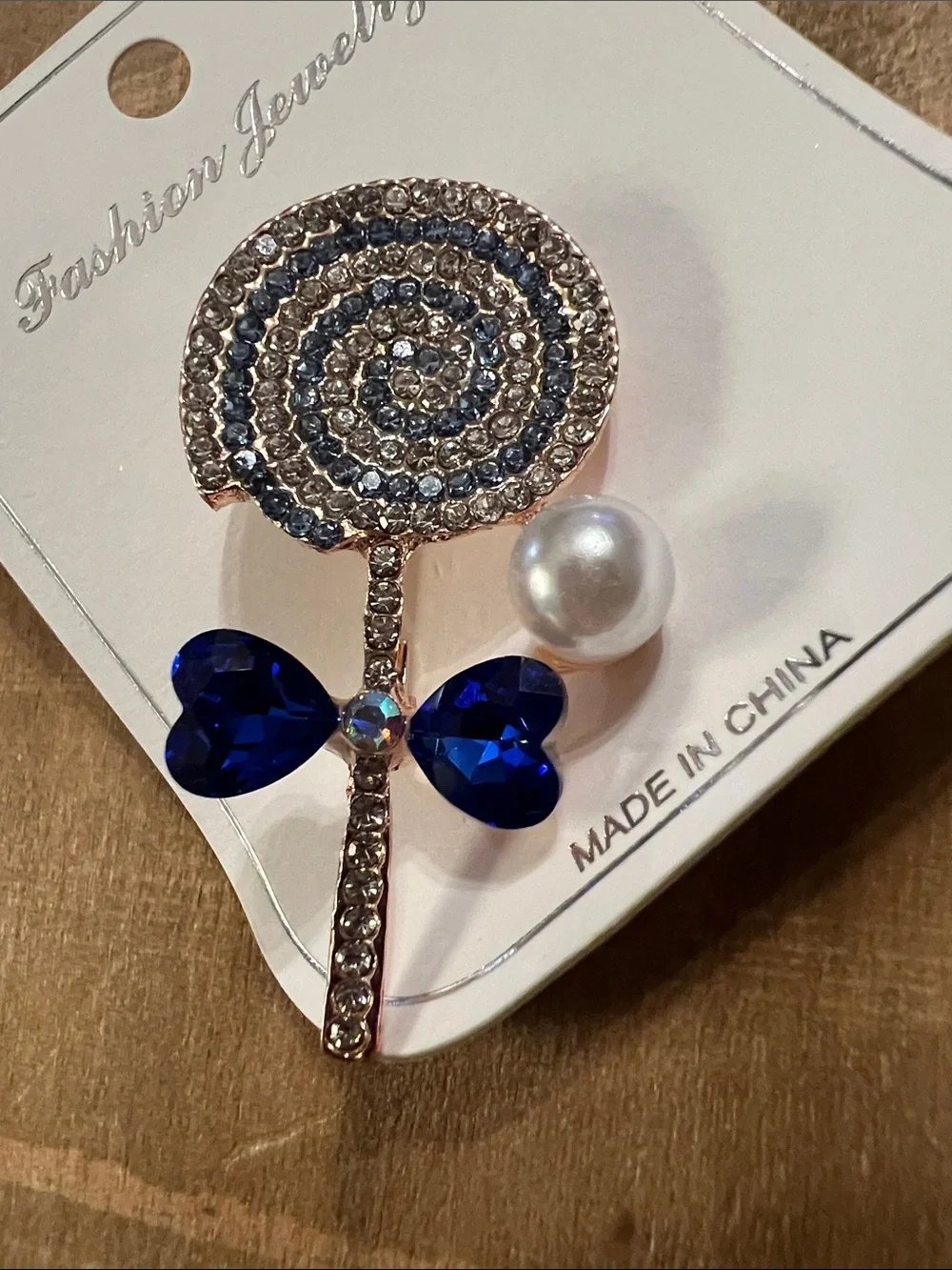 3/$18 Crystal Spiral Lollipop Brooch with Blue Hearts and Pearl Accent Lot 6060